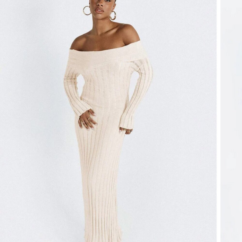 Princess Polly, Lefler Off the Shoulder Maxi Dress, Beige, Small, BNWT